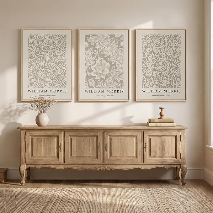 Large Framed Neutral William Morris Botanical Canvas Wall Art, Set of 3 | Boho beige, Abstract floral, Vintage, Farmhouse decor, 30x60 inch, Living room, Bedroom, Hallway, Office decor