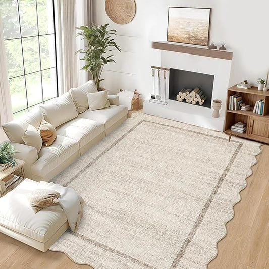 GarveeHome Scalloped Large Living Room Area Rug 8x10 Machine Washable Beige | Modern Rugs Bordered Neutral Rug Non-Shedding Low Pile Farmhouse Carpet for Bedroom Nursery Classroom Dorm 8 ft x10 ft