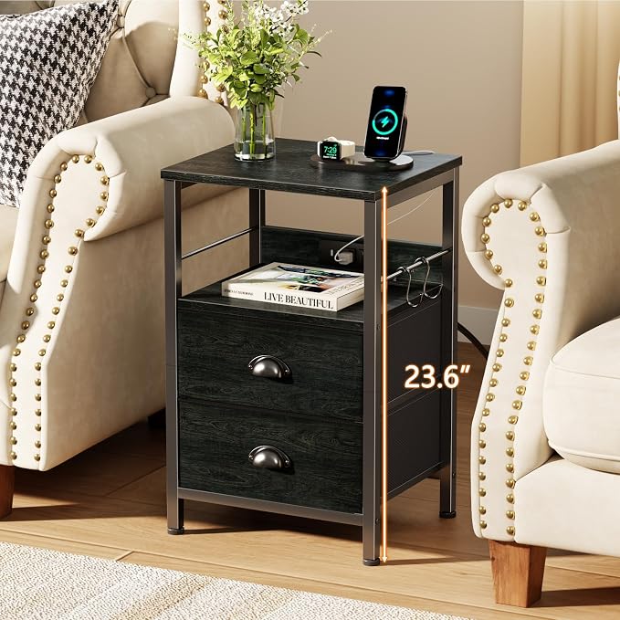 Nightstand with Charging Station for Bedroom, 2 Fabric Drawers, Black Oak | Night Stand with USB Ports & Outlets, Side Table with Storage Shelf & Hooks, Industrial End Table, for Living Room, Dorm