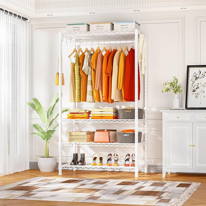 Ulif H4 Portable Closets, 4-Tier Metal Clothes Garment Rack for Bedroom and Cloakroom, Clothing Closet Storage and Organizer Wardrobe, 35.4" W x 14" D x 76.4" H, White | White Freestanding Clothing Closet Storage and Organizer Wardrobe for Apartment an...