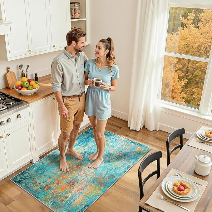 RELEANY Washable 3'x5' Abstract Area Rug for Living Room Teal Multi | Carpet for Bedroom, Kitchen, Office, Hallway and Entryway, Printed Pattern, Non‑Slip, Soft, Stain‑Resistant, Easy to Clean