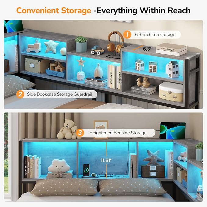 DICTAC Corner Queen Bed Frame with Storage Bookcase and 2 Drawers, Queen Size Corner Platform Bed Frame with LED Lights and Charging Station, Metal Daybed for Teens/Adult, Saving Space, Oak Gray