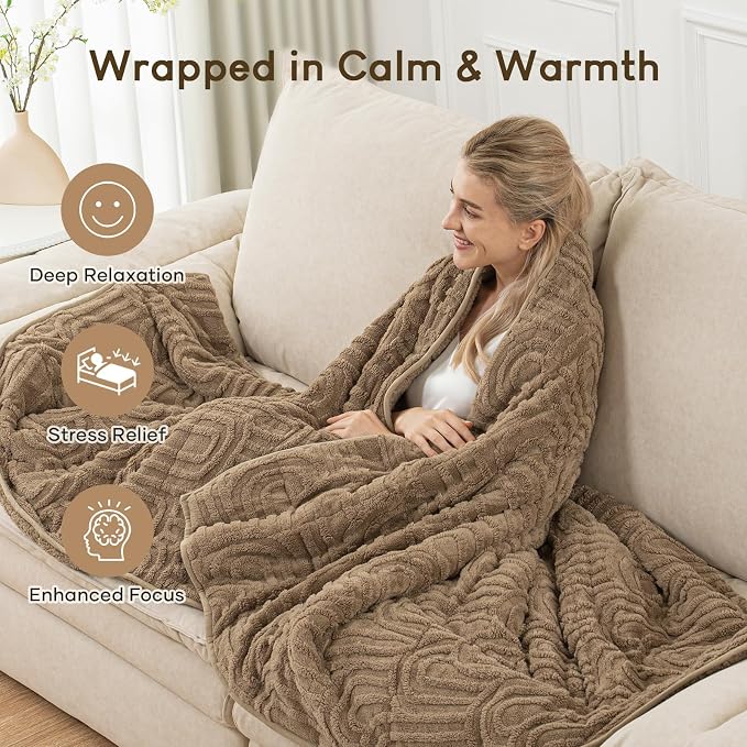 Cottonblue Jacquard Weighted Blanket for Adults 15lbs Twin Full Bed 48"x72" | Soft Fuzzy Fleece Weighted Blankets Throw for Sleep Calm Relax, Fuzzy Warm Khaki Arch Sofa Couch Heavy Blanket, Washable