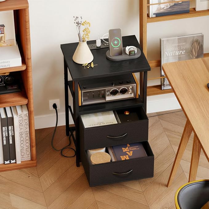 Fixwal Night Stand with Charging Station, 2 Fabric Drawers, Black | built-in bedside charger, 2 AC outlets & 2 usb ports, 2 wooden shelves, end table with storage, bedroom, living room