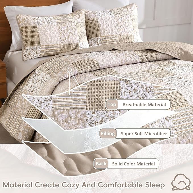 Mybedsoul Boho Quilts Queen Size, Beige Patchwork Floral Bedding Set | Soft Lightweight Microfiber Coverlet Set, 3 Pieces Plaid Reversible Bedspread, Bed Sets for All Seasons 96"x90"