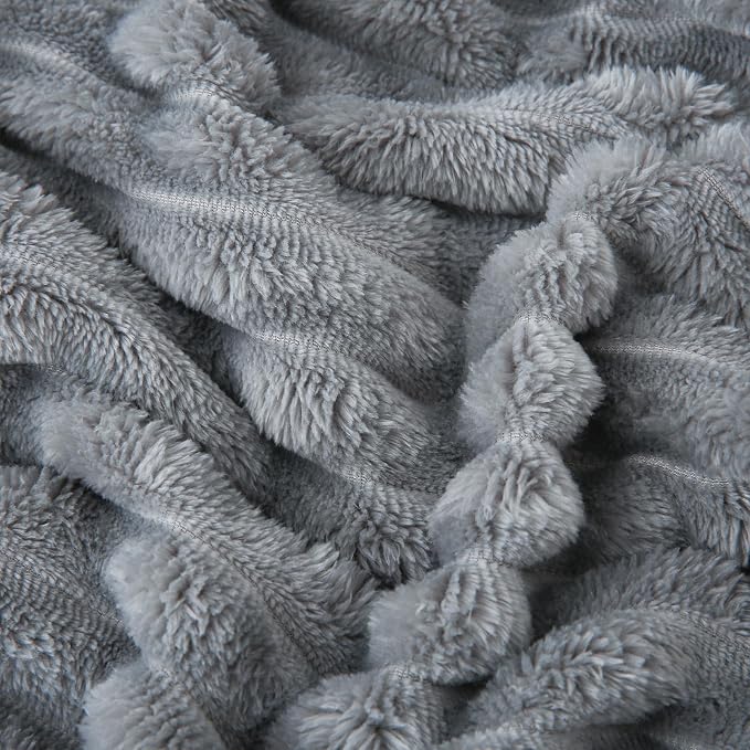 Grey Fleece Throw Blanket 90”×90” for Couch Sofa Livingroom | Super Soft Cozy Plush Microfiber Flannel Bed Blanket Striped Design Lightweight Home Decor Gifts for Adults Mom Women