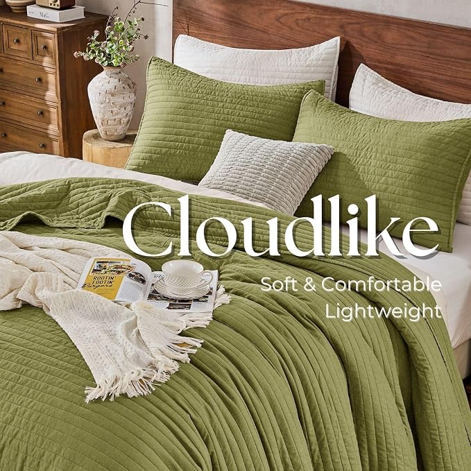 DOWN HOME Queen Quilt Bedding Set with Shams, Vintage Washed Soft Quilted Blanket Thin Comforter Lightweight Bedspread Coverlet Bed Cover, Brushed Microfiber Stripe Stitching, Golden Olive, 86"x90"
