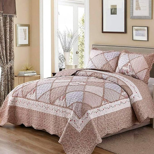 Full/Queen Size Quilt Set Pink Floral Patchwork Bedspreads Bedding Set | VIVILINEN 3-Piece Reversible Quilted Coverlet Lightweight Comforter Queen Bed Sheet Set Cover Blanket with 2 Pillow Shams