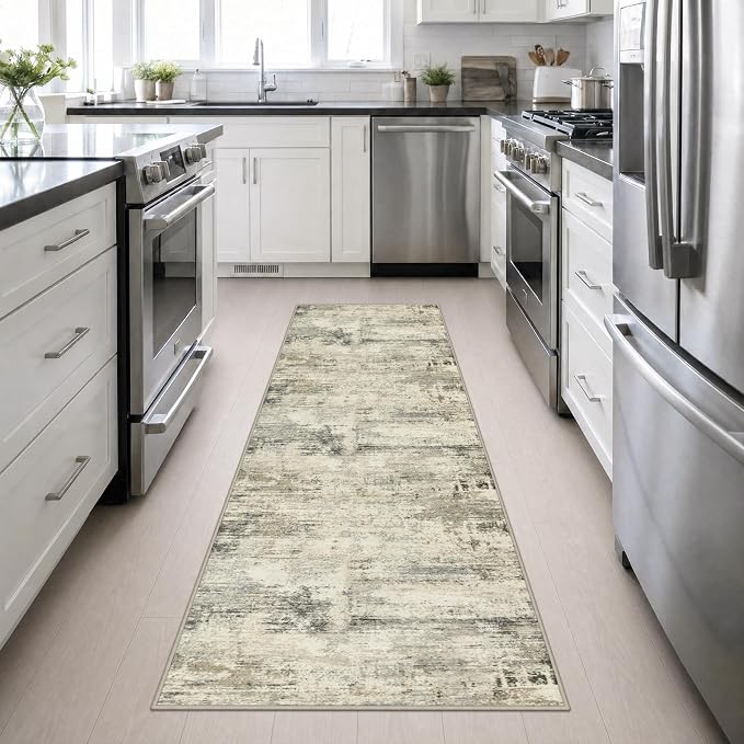 2.6x10 Washable Runner Rug:Modern Abstract Soft Carpet Ash Brown | For Hallway, Bedroom, Kitchen, Laundry, Bathroom,Door Mat,Modern Abstract,Machine washable,Non-Slip,Stain Resistant,Indoor
