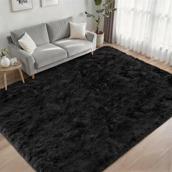 Area Rug Living Room Bedroom: 5x7 Fluffy Plush Shag Carpet Black | For Kids Room Playroom Nursery Home Decor,Ultra Soft,Non-Slip Non-Shedding,Fuzzy Plush,Large Indoor Floor Carpet,Easy Clean