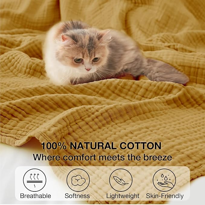 100% Cotton Muslin Blanket Twin 66" x 90", 6 Layers Breathable and Lightweight Cotton Blankets for Couch, Soft Cooling Summer Gauze Blanket for Adults All Season, Mustard