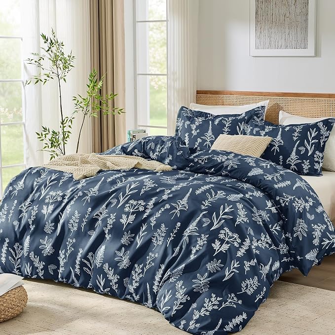 MUXHOMO Duvet Cover Full Size, Reversible Floral Navy Duvet Cover Set with Zipper Closure, 3 Pieces Botanical Patterns Soft Microfiber Bedding Set with 4 Ties (80"x90", 2 Pillow Cases)