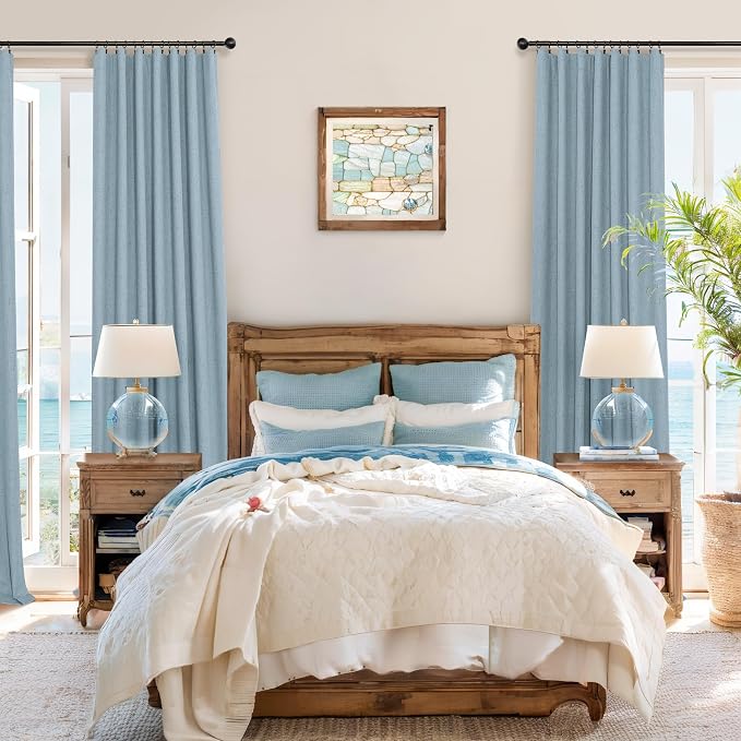 Dusty Blue Blackout Curtains for Nursery 54 Inch Length 2 Panel Chic Linen Look Short Thick Privacy Lightweight Grey Blue Light Blocking Room Darkening Curtain for Kids Bedroom Back Tab Pocket 54 Long