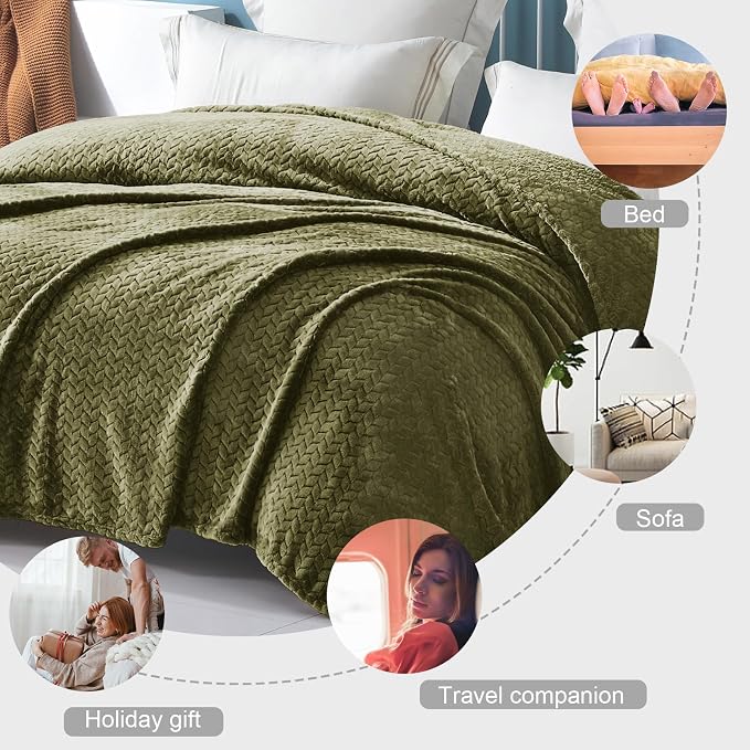 Exclusivo Mezcla Soft Fleece Bed Blanket Twin Size, 60”x80”, Olive Green | Cozy Fluffy Lightweight Blankets for Summer, Decorative Plush Flannel Throws for Living Room, Bedroom with Leaves Pattern