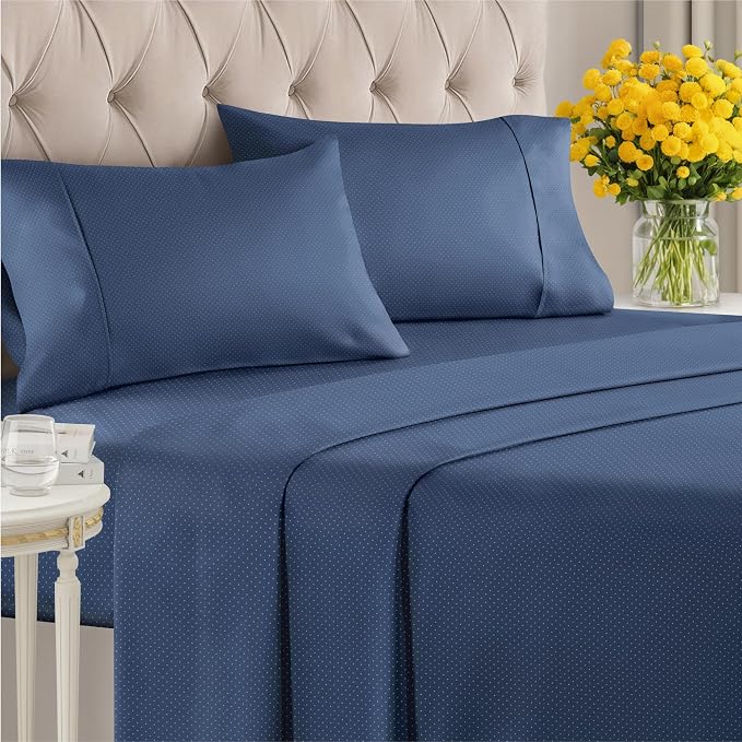 Queen 4 Piece Striped Sheet Set - Breathable & Cooling - Navy Microdots | 1 Flat, 1 Fitted & 2 Pillowcases w/ Deep Pockets, Luxury Striped Bedding, Soft, Breathable & Cooling, Wrinkle & Fade Free