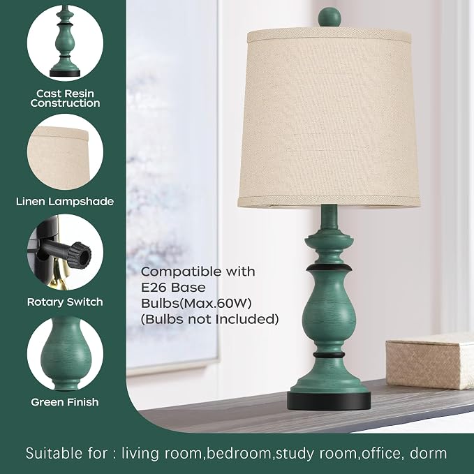 Traditional Table Lamp Set of 2, Rustic Farmhouse Table Lamps for Living Room Bedroom, 22" Bedside Desk Lamps Vintage Nightstand Lamps with Linen Shades, Green