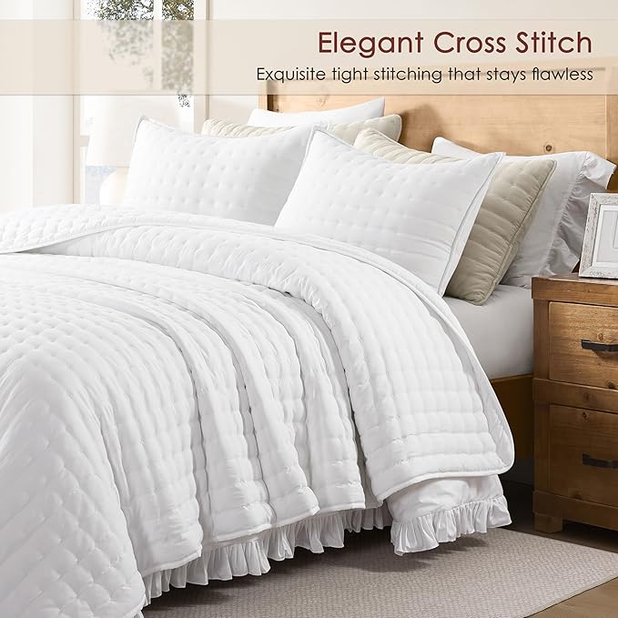 WDCOZY White Cloud Quilt Set Twin Size, Lightweight Soft Cross Stitch Bedspread, Farmhouse Rustic Country Coverlet, Spring Summer Thin Comforter, 2 Pieces, 1 Pillow Sham, 68x90 inches