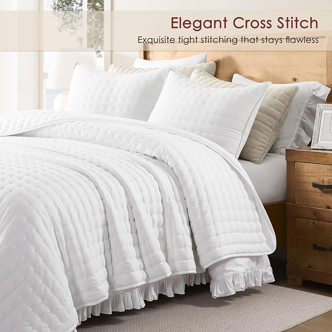 WDCOZY White Oversized King Quilt Set, California Cal King Rustic Bedspread, Lightweight Soft Farmhouse Coverlet, Spring Summer Thin Comforter, 3 Pieces, 2 Pillow Shams, 116x106 inches