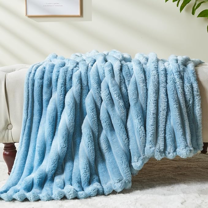 NEWCOSPLAY Fleece Ribbed Cozy Twin Blanket for Couch, Blue, 60"x80" | Premium Silky Flannel Blanket, Soft Lightweight Fluffy Throw Blanket for Bed Sofa Decor, Gift for All Season Use