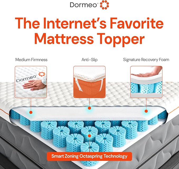 Dormeo Premium Twin XL Breathable Mattress Topper - Octaspring | 3-Zone Octaspring Springs, Relieves Pressure Points For Back Support, Anti-Slip Bottom, Topper Only, Mattress Not Included