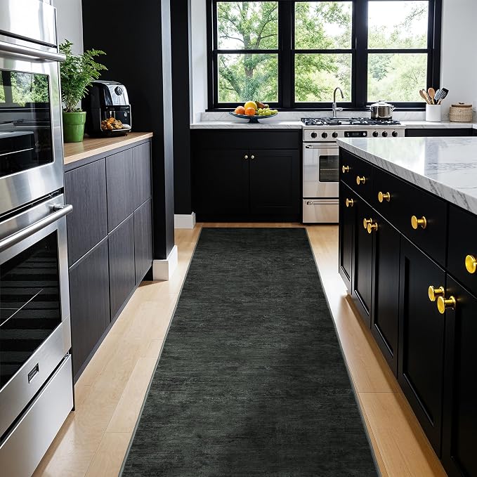 2.7x6 Washable Area Rug, Black Solid Area Rugs for Living Room & Bedroom | Stain-resistant & Non-slip backing,Low Pile Washable Large Carpet, Solid Vintage Style For High Traffic Areas(2.7x6,Black)
