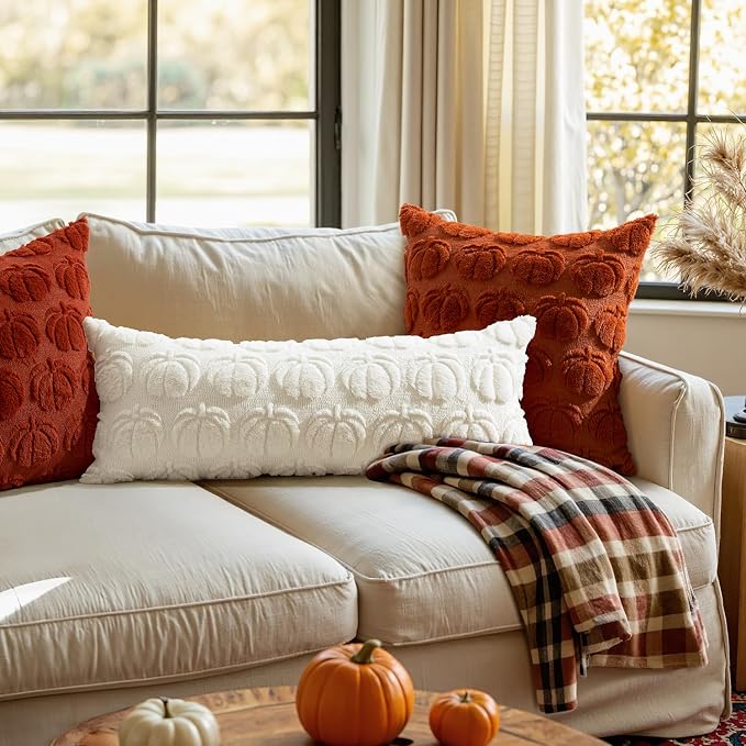 MIULEE Fall Pillow Cover Pumpkin Fall Decor Lumbar 14x36 Cream White | Set of 2 Fall Decorations for Home, Plush Faux Fur Farmhouse Accent Pillowcase, Porch Sofa Couch Cushion Bed Livingroom