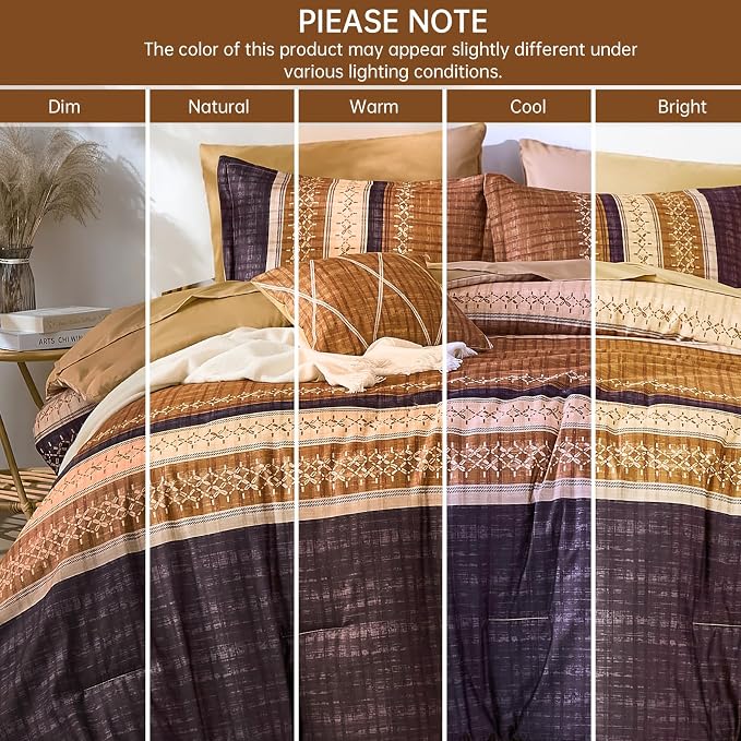 Dintszyayue Boho King Comforter Size Set, 8 Pieces Striped Texture Gold Purple Bed in a Bag Sets, Lightweight Soft Bohemian Comforter and Sheet Set, All Season Microfiber Bedding Sets for Men Women