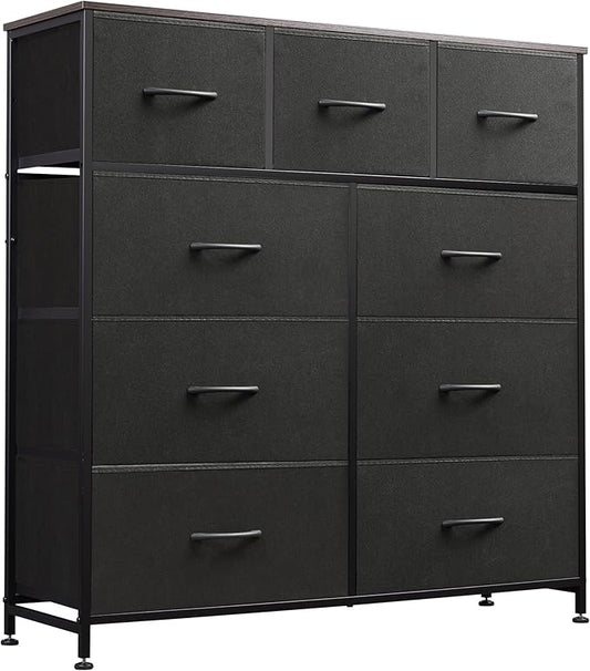 WLIVE Tall Dresser for Bedroom, 9 Drawer Chest of Drawers, Charcoal Black | 9 roomy fabric drawers, Tall storage design, Bedroom or closet use, Sturdy steel frame, Smooth wood tabletop
