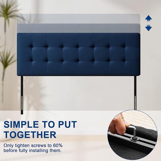 Linen Stitched Tufted King Headboard, Adjustable Height 37.2-42.3 in, Blue | Wood Twin Headboard Only, Padded Support for Reading, Relaxing or Working in Bed, Stable Non-Slip Design, Fits Bed Frame
