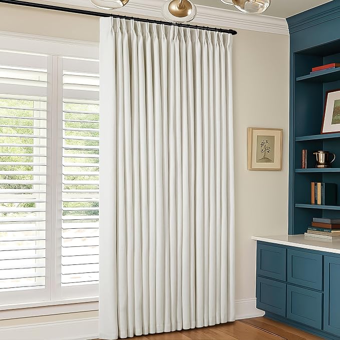 Natural Pinch Pleat 100% Blackout Linen 108 Inch Long Curtains 60 Inch Wide | 2 Layers Design, Thermal Insulated Black Out, Cream Ivory, Extra Wide Curtains for Sliding Door Living Room Bedroom 1 Panel