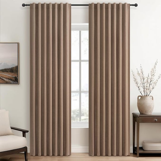 100% Blackout Curtains 86 Inch Length 2 Panels Set Farmhouse Style for Bedroom Windows/Living Room Thermal Insulated Neutral Boho Drapes Linen Blend Chocolate RustBrown Long Hook Belt Pleated