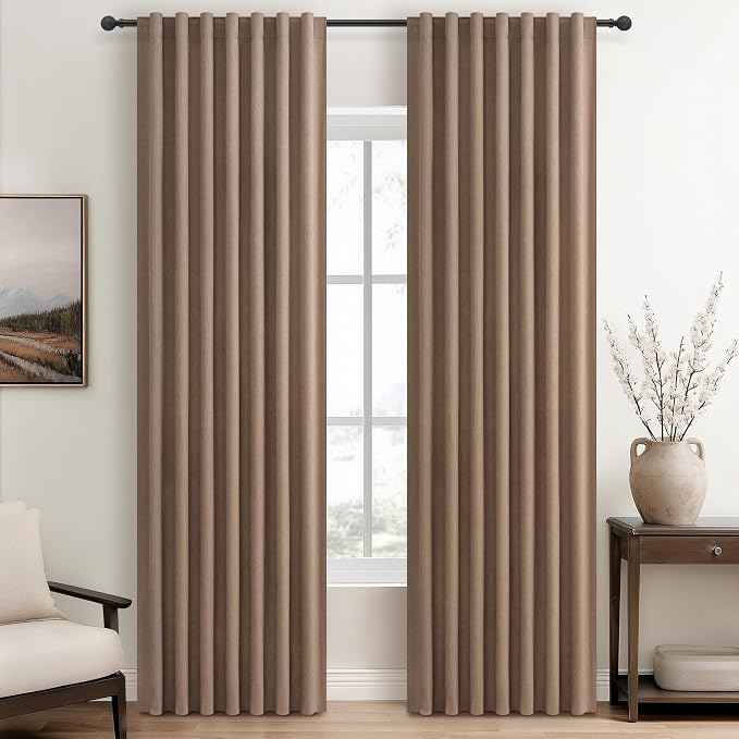 100% Blackout Curtains 84 Inch Length 2 Panels Set Farmhouse Style for Bedroom Windows/Living Room Thermal Insulated Neutral Boho Drapes Linen Blend Chocolate RustBrown 7ft Long Hook Belt Pleated