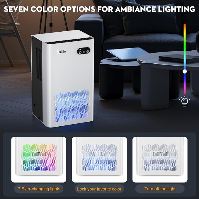ToLife Dehumidifier, 1000 Sq Ft 95 oz Tank with Sleep Mode, Auto Shutoff | Portable for Home, Bedroom, Bathroom and Basement with 7-Color LED Light, White