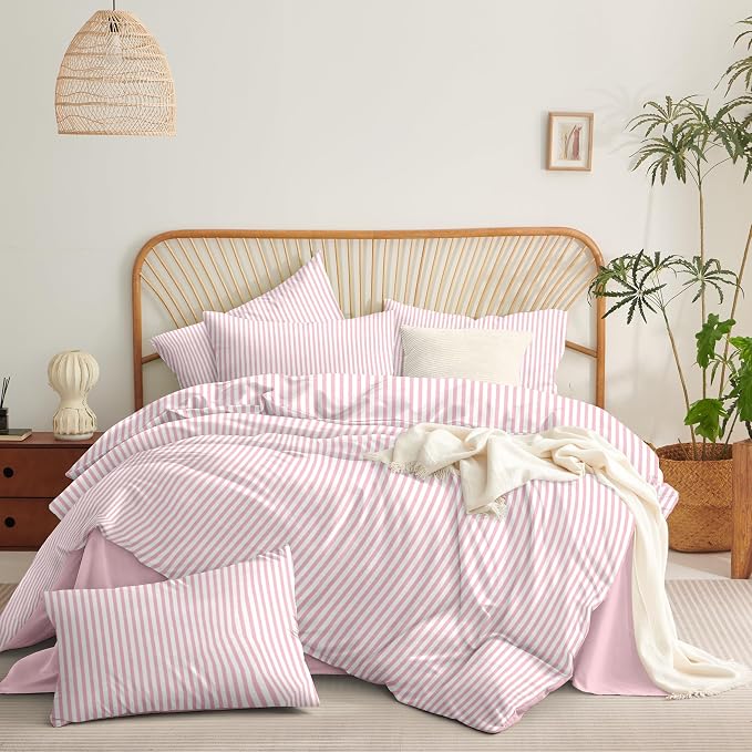 Nayoroom Pink White Striped Duvet Cover Set Queen | Coquette Modern Farmhouse, Dorm Bedding, Soft Breathable Washed Microfiber, All-Season Comfort, Hidden Zipper, 4 Corner Ties
