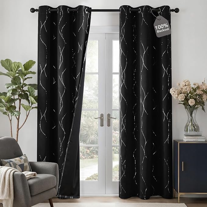 Deconovo 100% Blackout Living Room Curtains 63 Inches Long, Black Backing | Silver Line Foil Pattern Drapes, Thermal Insulated, Room Darkening, Grommet, 2 Panels Set, Black, 42 x 63 Inch