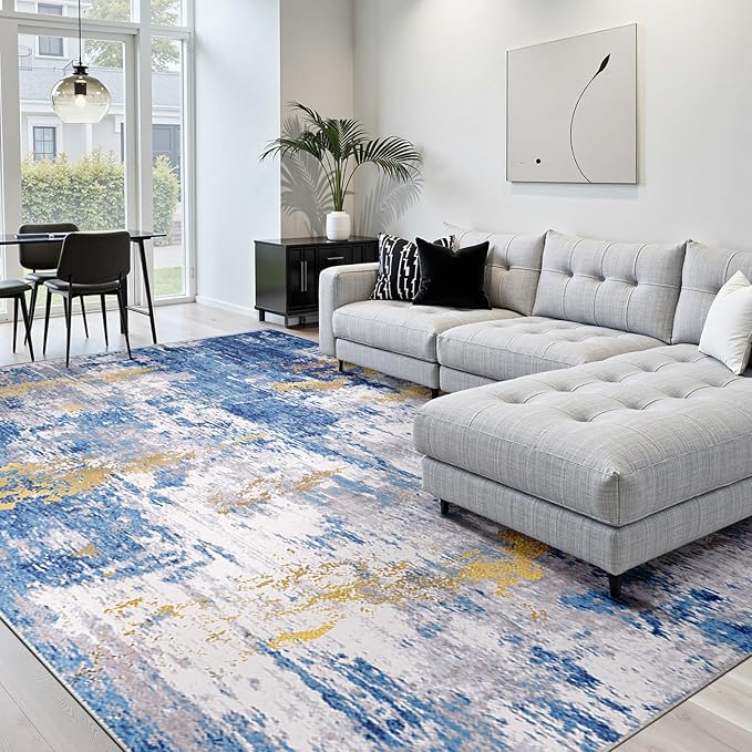 RELEANY Washable 10'x14' Abstract Area Rug for Living Room Blue Gold | Carpet for Bedroom, Kitchen, Office, Hallway and Entryway, Printed Pattern, Non‑Slip, Soft, Stain‑Resistant, Easy to Clean