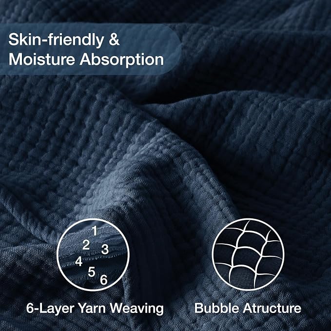 100% Cotton Muslin Blanket 50" x 60", Breathable and Lightweight Cotton Throw Blankets for Couch, Soft Cooling Summer Gauze Blanket for Adults All Season, Navy Blue