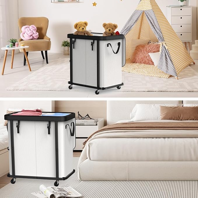 Laundry Basket with Wheels,190L (50 Gal) Laundry Hamper 2 Setion - Beige | Leather Patchwork,Sturdy Metal Frame, Removable Washable Bag, Tall Clothes Sorter for Bedroom, Laundry Room