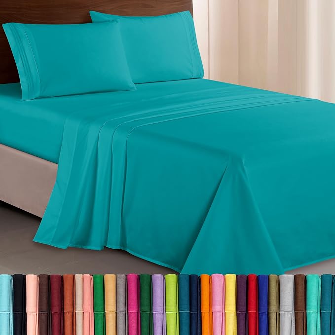 Elegant Comfort Luxurious 1500 Premium Hotel Quality Microfiber Three Line Embroidered Softest 4-Piece Bed Sheet Set, Wrinkle and Fade Resistant, Queen, Turquoise