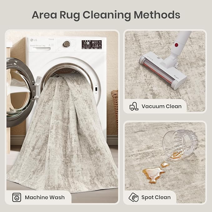 4x6 Area Rug for Entryway, Non Slip Washable Bedroom Rug, Beige | Soft & Lighweight, Folable, Stain Resistant Low Pile Thin Indoor Distressed Carpet Rugs for Living Room,Laundry Room,Kitchen