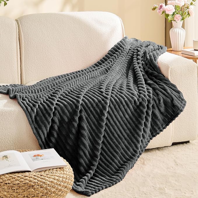 BEDELITE 3D Ribbed Charcoal Grey Fleece Twin Blanket for Couch, 60x80 Inch | Soft Warm Fluffy Blanket for Bed Sofa College Dorm Room Decor, Luxury Cozy Plush Birthday Gifts for Women Girls, Lightweight