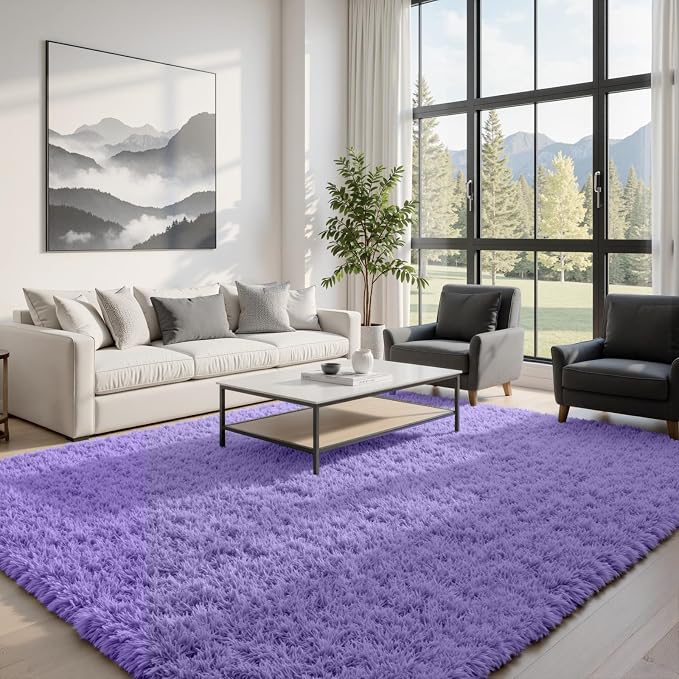 8x10 Fluffy Shag Area Rugs for Living Room Bedroom: Soft Carpet Purple | Upgraded Non-Slip Thick Memory Foam, Ultra Soft, Non-Shedding Fuzzy Carpet, Easy Clean Decor for Kids Room, Nursery, Playroom