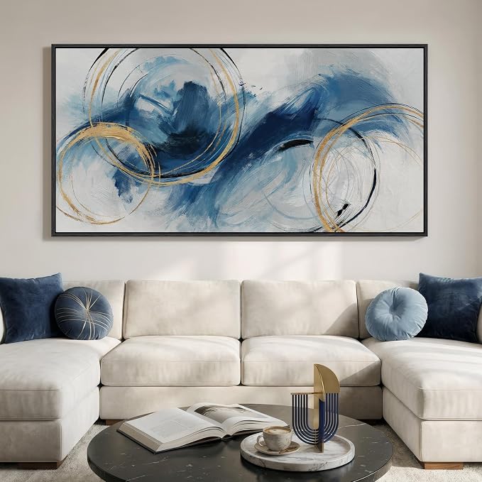 Extra Large Framed Navy Blue Abstract Wall Art for Living Room, 36x72 In | Contemporary blue pictures, Canvas prints, Modern minimalist paintings, Artwork for walls, Wall decor for bedroom dining room