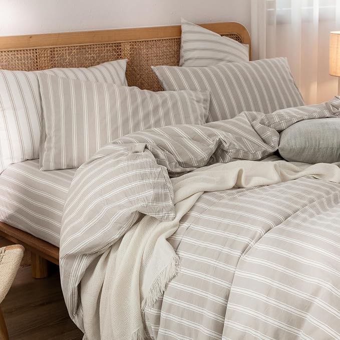 BESTOUCH Striped Cotton Duvet Cover Set Linen Feel California King | 100% Washed Cotton, Soft Wrinkle Texture, Hidden Zipper, 8 Ties, Breathable Lightweight Durable Comfy, 3 Pcs No Insert