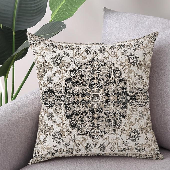 Waterproof Throw Pillow Covers 20X20 Inch Set of 2 Bohemian Vintage Carpet Pattern Black Grey Ethnic Design Decorative Farmhouse for Couch Garden Balcony (Boho-5-2)