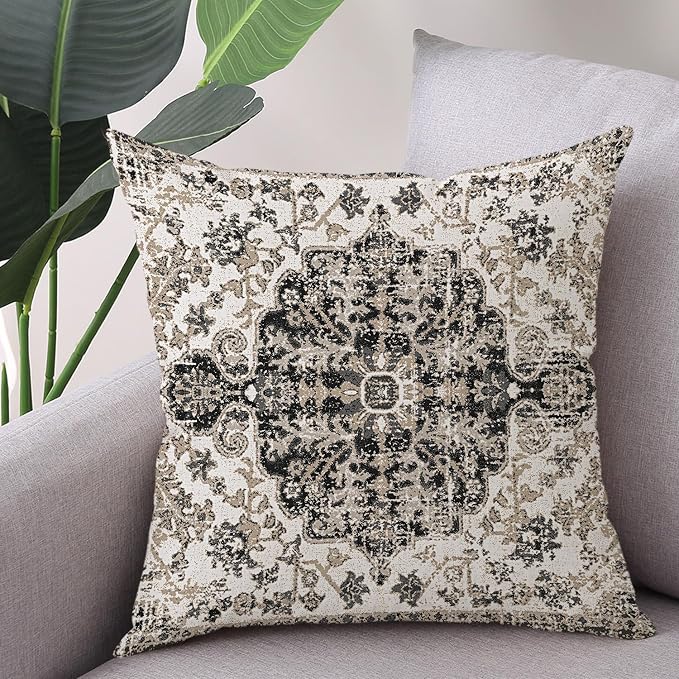Outdoor Waterproof Pillow Covers 16X16 Inch Set of 2 - Bohemian Vintage Carpet Pattern Black Grey Ethnic Design Decorative Farmhouse for Couch Garden Balcony
