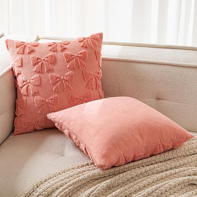 MIULEE Coral Red Bow Pillow Covers Coquette Room Decor 20x20 | Aesthetic Decorative Cute Girl,Set of 2 Cushion Covers,Soft Plush Faux Pillowcases,Preppy Room Decor Bedroom Couch