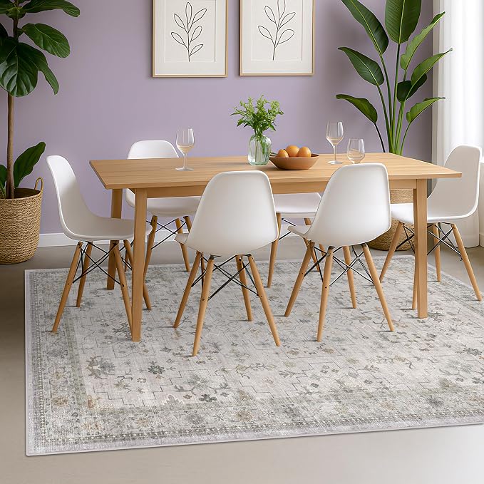 Washable 5x8 Living Room Rug - Light Gray & Sage Area Rug for Nursery, Dining Under Table, Bedroom, Modern Vintage Eclectic Geometric Floral Neutral, Low Pile Stain Resistant