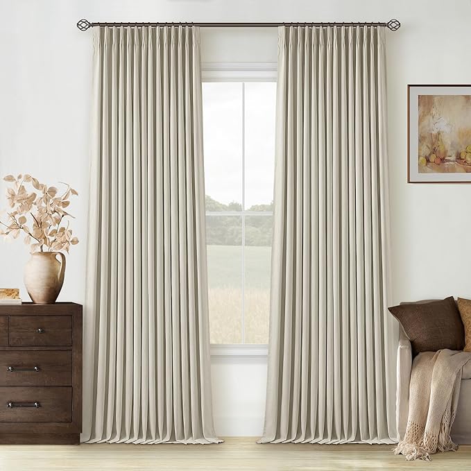 Oatmeal Linen Blackout 120 Inch Curtains for Living Room 2 Panels | Pinch Pleated Back Tab Drapes, Thermal Insulated Full Black Out, Noise Reducing, W40xL120 Curtains for High Ceiling to Floor