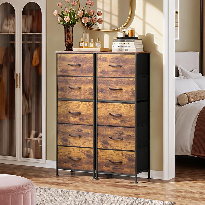 WLIVE Tall Dresser for Bedroom, 5 Drawer Dresser, Rustic Brown | 5 vertical fabric drawers, Tall vertical design, Bedroom or closet use, Dresser for small spaces, Chest of drawers